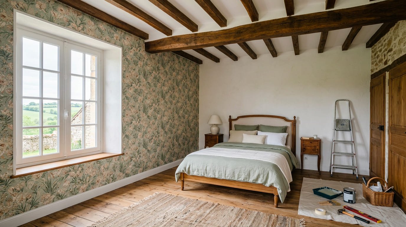 Chambre avec lit et décoration naturelle.